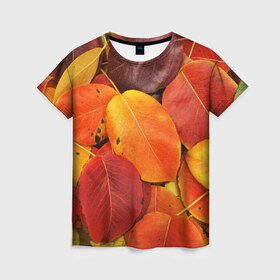 Женская футболка 3D с принтом Осенний покров в Петрозаводске, 100% полиэфир ( синтетическое хлопкоподобное полотно) | прямой крой, круглый вырез горловины, длина до линии бедер | жёлтый | золотой | красный | листва | листья | осень
