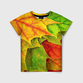 Детская футболка 3D с принтом Осенний наряд в Петрозаводске, 100% гипоаллергенный полиэфир | прямой крой, круглый вырез горловины, длина до линии бедер, чуть спущенное плечо, ткань немного тянется | жёлтый | зелёный | красный | листва | листья | оранжевый