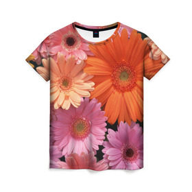 Женская футболка 3D с принтом Цветы в Петрозаводске, 100% полиэфир ( синтетическое хлопкоподобное полотно) | прямой крой, круглый вырез горловины, длина до линии бедер | букет | георгины | жёлтый | красота | полевые | розовый | ромашки | фиолетовый | хризантемы | цветы