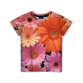 Детская футболка 3D с принтом Цветы в Петрозаводске, 100% гипоаллергенный полиэфир | прямой крой, круглый вырез горловины, длина до линии бедер, чуть спущенное плечо, ткань немного тянется | букет | георгины | жёлтый | красота | полевые | розовый | ромашки | фиолетовый | хризантемы | цветы