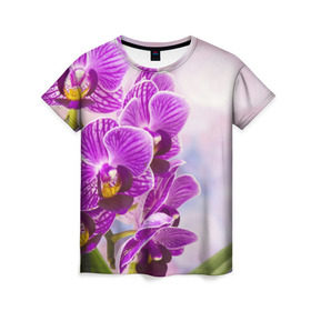 Женская футболка 3D с принтом Божественная орхидея в Петрозаводске, 100% полиэфир ( синтетическое хлопкоподобное полотно) | прямой крой, круглый вырез горловины, длина до линии бедер | 8 марта | букет | весна | красота | куст | лето | орхидея | подарок | сиреневый цвет | цветок | шикарный цветочек