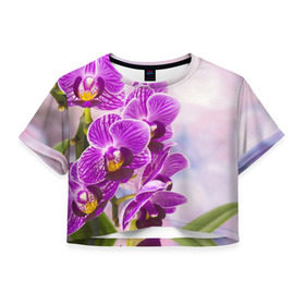 Женская футболка 3D укороченная с принтом Божественная орхидея в Петрозаводске, 100% полиэстер | круглая горловина, длина футболки до линии талии, рукава с отворотами | 8 марта | букет | весна | красота | куст | лето | орхидея | подарок | сиреневый цвет | цветок | шикарный цветочек