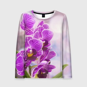 Женский лонгслив 3D с принтом Божественная орхидея в Петрозаводске, 100% полиэстер | длинные рукава, круглый вырез горловины, полуприлегающий силуэт | 8 марта | букет | весна | красота | куст | лето | орхидея | подарок | сиреневый цвет | цветок | шикарный цветочек