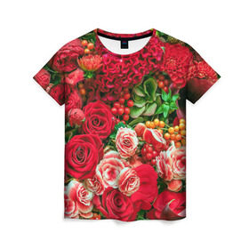 Женская футболка 3D с принтом Роскошный букет в Петрозаводске, 100% полиэфир ( синтетическое хлопкоподобное полотно) | прямой крой, круглый вырез горловины, длина до линии бедер | 8 марта | блеск | гвоздики | красный | красота | невероятный | огромный букет | пёстрый | праздник | розы | роскошный | цветы | шикарный