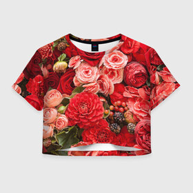 Женская футболка 3D укороченная с принтом Шикарный букет в Петрозаводске, 100% полиэстер | круглая горловина, длина футболки до линии талии, рукава с отворотами | 8 марта | блеск | гвоздики | красный | красота | невероятный | огромный букет | пёстрый | праздник | розы | роскошный | цветы | шикарный