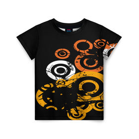 Детская футболка 3D с принтом Арт круги в Петрозаводске, 100% гипоаллергенный полиэфир | прямой крой, круглый вырез горловины, длина до линии бедер, чуть спущенное плечо, ткань немного тянется | белый | жёлтый | круги | оранжевый | узоры | цвета | чёрный