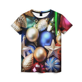 Женская футболка 3D с принтом Игрушки на ёлку в Петрозаводске, 100% полиэфир ( синтетическое хлопкоподобное полотно) | прямой крой, круглый вырез горловины, длина до линии бедер | новогодний | рождество | шарики