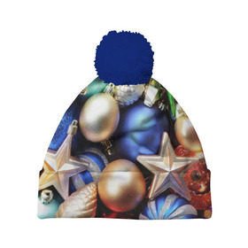 Шапка 3D c помпоном с принтом Игрушки на ёлку в Петрозаводске, 100% полиэстер | универсальный размер, печать по всей поверхности изделия | новогодний | рождество | шарики