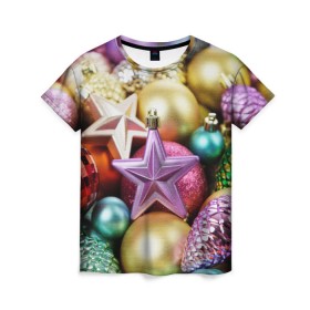 Женская футболка 3D с принтом Новогодние игрушки в Петрозаводске, 100% полиэфир ( синтетическое хлопкоподобное полотно) | прямой крой, круглый вырез горловины, длина до линии бедер | новогодний | рождество | шарики