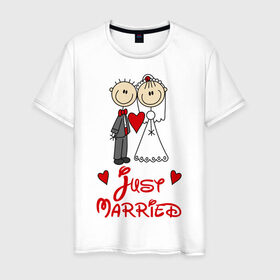 Мужская футболка хлопок с принтом Just married в Петрозаводске, 100% хлопок | прямой крой, круглый вырез горловины, длина до линии бедер, слегка спущенное плечо. | just married | женат | замужем | молодожены | свадьба