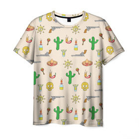 Мужская футболка 3D с принтом Мексиканский коллаж в Петрозаводске, 100% полиэфир | прямой крой, круглый вырез горловины, длина до линии бедер | кактус | коллад | мексика | револьвер | черепа | чили