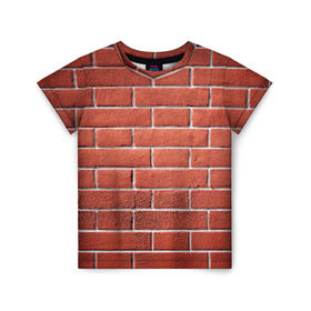 Детская футболка 3D с принтом Красный кирпич в Петрозаводске, 100% гипоаллергенный полиэфир | прямой крой, круглый вырез горловины, длина до линии бедер, чуть спущенное плечо, ткань немного тянется | Тематика изображения на принте: бетон | камень | кирпич | мощь | стена | строительство | стройка | цемент
