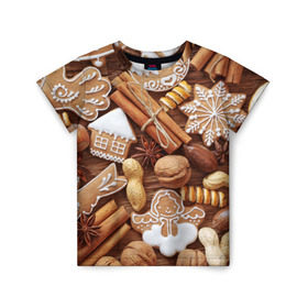 Детская футболка 3D с принтом Новогодние вкусняшки в Петрозаводске, 100% гипоаллергенный полиэфир | прямой крой, круглый вырез горловины, длина до линии бедер, чуть спущенное плечо, ткань немного тянется | вкусняшки | конфеты | лакомство | леденцы | новый год | обжора | объедение | орешки | печенки | праздник | сладкоежка | сладости
