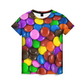 Женская футболка 3D с принтом Цветные конфетки в Петрозаводске, 100% полиэфир ( синтетическое хлопкоподобное полотно) | прямой крой, круглый вырез горловины, длина до линии бедер | вкусняшки | драже | конфеты | лакомство | сладости | шоколад