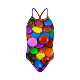 Детский купальник 3D с принтом Цветные конфетки в Петрозаводске, Полиэстер 85%, Спандекс 15% | Слитный крой, подклад по переду изделия, узкие бретели | Тематика изображения на принте: вкусняшки | драже | конфеты | лакомство | сладости | шоколад