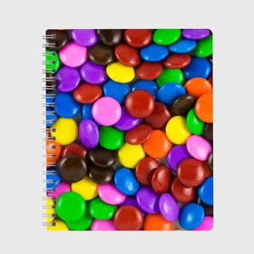 Тетрадь с принтом Цветные конфетки в Петрозаводске, 100% бумага | 48 листов, плотность листов — 60 г/м2, плотность картонной обложки — 250 г/м2. Листы скреплены сбоку удобной пружинной спиралью. Уголки страниц и обложки скругленные. Цвет линий — светло-серый
 | вкусняшки | драже | конфеты | лакомство | сладости | шоколад