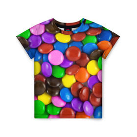 Детская футболка 3D с принтом Цветные конфетки в Петрозаводске, 100% гипоаллергенный полиэфир | прямой крой, круглый вырез горловины, длина до линии бедер, чуть спущенное плечо, ткань немного тянется | вкусняшки | драже | конфеты | лакомство | сладости | шоколад