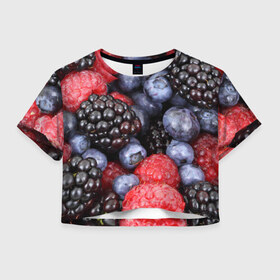 Женская футболка 3D укороченная с принтом Ягодки в Петрозаводске, 100% полиэстер | круглая горловина, длина футболки до линии талии, рукава с отворотами | вкусно | голубика | дача | деревня | ежевика | клубника | малина | огород | полезно | сад | смородина | сок | фрукты | черника | ягоды