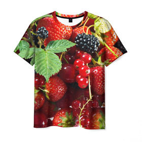 Мужская футболка 3D с принтом Любимые ягоды в Петрозаводске, 100% полиэфир | прямой крой, круглый вырез горловины, длина до линии бедер | Тематика изображения на принте: вкусно | голубика | дача | деревня | ежевика | зелень | клубника | малина | огород | полезно | сад | смородина | сок | фрукты | черника | шиповник | ягоды