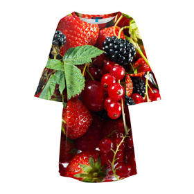 Детское платье 3D с принтом Любимые ягоды в Петрозаводске, 100% полиэстер | прямой силуэт, чуть расширенный к низу. Круглая горловина, на рукавах — воланы | Тематика изображения на принте: вкусно | голубика | дача | деревня | ежевика | зелень | клубника | малина | огород | полезно | сад | смородина | сок | фрукты | черника | шиповник | ягоды