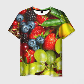 Мужская футболка 3D с принтом Вкусные ягоды в Петрозаводске, 100% полиэфир | прямой крой, круглый вырез горловины, длина до линии бедер | виноград | вкусно | голубика | дача | деревня | ежевика | клубника | малина | огород | полезно | рябина | сад | смородина | сок | фрукты | черника | ягоды