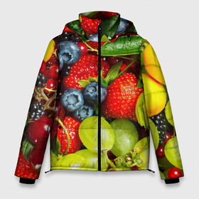 Мужская зимняя куртка 3D с принтом Вкусные ягоды в Петрозаводске, верх — 100% полиэстер; подкладка — 100% полиэстер; утеплитель — 100% полиэстер | длина ниже бедра, свободный силуэт Оверсайз. Есть воротник-стойка, отстегивающийся капюшон и ветрозащитная планка. 

Боковые карманы с листочкой на кнопках и внутренний карман на молнии. | Тематика изображения на принте: виноград | вкусно | голубика | дача | деревня | ежевика | клубника | малина | огород | полезно | рябина | сад | смородина | сок | фрукты | черника | ягоды