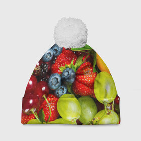Шапка 3D c помпоном с принтом Вкусные ягоды в Петрозаводске, 100% полиэстер | универсальный размер, печать по всей поверхности изделия | виноград | вкусно | голубика | дача | деревня | ежевика | клубника | малина | огород | полезно | рябина | сад | смородина | сок | фрукты | черника | ягоды