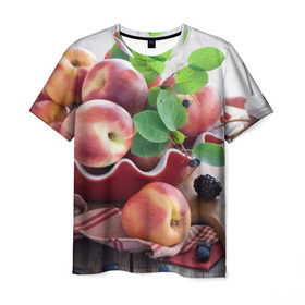 Мужская футболка 3D с принтом Персики в Петрозаводске, 100% полиэфир | прямой крой, круглый вырез горловины, длина до линии бедер | Тематика изображения на принте: ваза | витамины | здоровье | лакомство | мёд | овощи | персики | сладости | тарелка | фрукты | черника | ягоды
