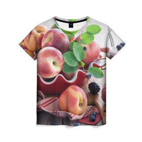 Женская футболка 3D с принтом Персики в Петрозаводске, 100% полиэфир ( синтетическое хлопкоподобное полотно) | прямой крой, круглый вырез горловины, длина до линии бедер | ваза | витамины | здоровье | лакомство | мёд | овощи | персики | сладости | тарелка | фрукты | черника | ягоды