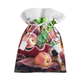 Подарочный 3D мешок с принтом Персики в Петрозаводске, 100% полиэстер | Размер: 29*39 см | Тематика изображения на принте: ваза | витамины | здоровье | лакомство | мёд | овощи | персики | сладости | тарелка | фрукты | черника | ягоды