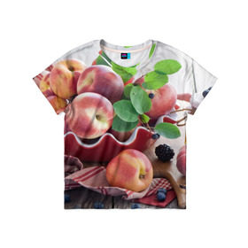 Детская футболка 3D с принтом Персики в Петрозаводске, 100% гипоаллергенный полиэфир | прямой крой, круглый вырез горловины, длина до линии бедер, чуть спущенное плечо, ткань немного тянется | ваза | витамины | здоровье | лакомство | мёд | овощи | персики | сладости | тарелка | фрукты | черника | ягоды