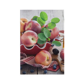 Обложка для паспорта матовая кожа с принтом Персики в Петрозаводске, натуральная матовая кожа | размер 19,3 х 13,7 см; прозрачные пластиковые крепления | ваза | витамины | здоровье | лакомство | мёд | овощи | персики | сладости | тарелка | фрукты | черника | ягоды