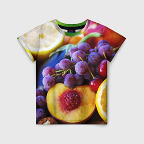 Детская футболка 3D с принтом Спелые фрукты в Петрозаводске, 100% гипоаллергенный полиэфир | прямой крой, круглый вырез горловины, длина до линии бедер, чуть спущенное плечо, ткань немного тянется | Тематика изображения на принте: абрикос | алыча | апельсин | бодрость | веган | виноград | витамины | груша | диета | еда | здоровье | лайм | лимон | молодость | нектар | овощи | персик | питание | польза | сок | фрукты | яблоко | ягоды
