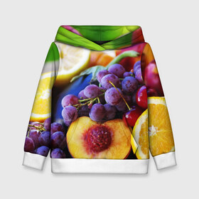 Детская толстовка 3D с принтом Спелые фрукты в Петрозаводске, 100% полиэстер | двухслойный капюшон со шнурком для регулировки, мягкие манжеты на рукавах и по низу толстовки, спереди карман-кенгуру с мягким внутренним слоем | Тематика изображения на принте: абрикос | алыча | апельсин | бодрость | веган | виноград | витамины | груша | диета | еда | здоровье | лайм | лимон | молодость | нектар | овощи | персик | питание | польза | сок | фрукты | яблоко | ягоды