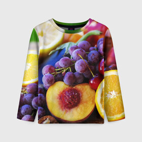 Детский лонгслив 3D с принтом Спелые фрукты в Петрозаводске, 100% полиэстер | длинные рукава, круглый вырез горловины, полуприлегающий силуэт
 | абрикос | алыча | апельсин | бодрость | веган | виноград | витамины | груша | диета | еда | здоровье | лайм | лимон | молодость | нектар | овощи | персик | питание | польза | сок | фрукты | яблоко | ягоды