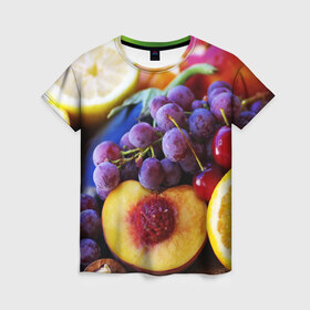 Женская футболка 3D с принтом Спелые фрукты в Петрозаводске, 100% полиэфир ( синтетическое хлопкоподобное полотно) | прямой крой, круглый вырез горловины, длина до линии бедер | абрикос | алыча | апельсин | бодрость | веган | виноград | витамины | груша | диета | еда | здоровье | лайм | лимон | молодость | нектар | овощи | персик | питание | польза | сок | фрукты | яблоко | ягоды