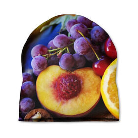 Шапка 3D с принтом Спелые фрукты в Петрозаводске, 100% полиэстер | универсальный размер, печать по всей поверхности изделия | Тематика изображения на принте: абрикос | алыча | апельсин | бодрость | веган | виноград | витамины | груша | диета | еда | здоровье | лайм | лимон | молодость | нектар | овощи | персик | питание | польза | сок | фрукты | яблоко | ягоды