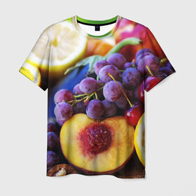 Мужская футболка 3D с принтом Спелые фрукты в Петрозаводске, 100% полиэфир | прямой крой, круглый вырез горловины, длина до линии бедер | абрикос | алыча | апельсин | бодрость | веган | виноград | витамины | груша | диета | еда | здоровье | лайм | лимон | молодость | нектар | овощи | персик | питание | польза | сок | фрукты | яблоко | ягоды
