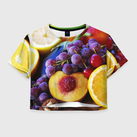 Женская футболка 3D укороченная с принтом Спелые фрукты в Петрозаводске, 100% полиэстер | круглая горловина, длина футболки до линии талии, рукава с отворотами | абрикос | алыча | апельсин | бодрость | веган | виноград | витамины | груша | диета | еда | здоровье | лайм | лимон | молодость | нектар | овощи | персик | питание | польза | сок | фрукты | яблоко | ягоды