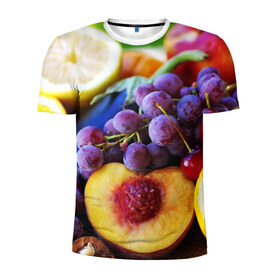 Мужская футболка 3D спортивная с принтом Спелые фрукты в Петрозаводске, 100% полиэстер с улучшенными характеристиками | приталенный силуэт, круглая горловина, широкие плечи, сужается к линии бедра | Тематика изображения на принте: абрикос | алыча | апельсин | бодрость | веган | виноград | витамины | груша | диета | еда | здоровье | лайм | лимон | молодость | нектар | овощи | персик | питание | польза | сок | фрукты | яблоко | ягоды
