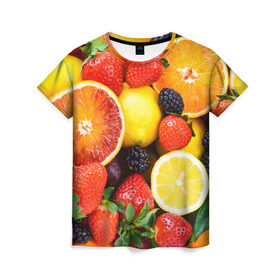 Женская футболка 3D с принтом Ягоды и фрукты в Петрозаводске, 100% полиэфир ( синтетическое хлопкоподобное полотно) | прямой крой, круглый вырез горловины, длина до линии бедер | Тематика изображения на принте: абрикос | алыча | апельсин | бодрость | веган | виноград | витамины | груша | диета | еда | здоровье | клубника | лайм | лимон | малина | молодость | нектар | овощи | персик | питание | польза | смородина