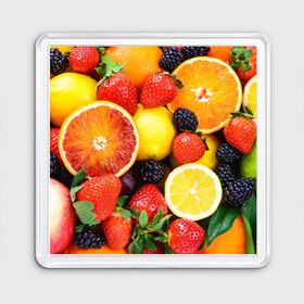 Магнит 55*55 с принтом Ягоды и фрукты в Петрозаводске, Пластик | Размер: 65*65 мм; Размер печати: 55*55 мм | абрикос | алыча | апельсин | бодрость | веган | виноград | витамины | груша | диета | еда | здоровье | клубника | лайм | лимон | малина | молодость | нектар | овощи | персик | питание | польза | смородина