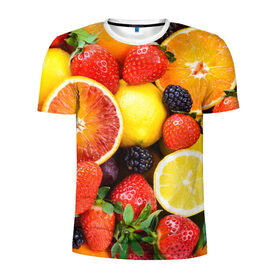 Мужская футболка 3D спортивная с принтом Ягоды и фрукты в Петрозаводске, 100% полиэстер с улучшенными характеристиками | приталенный силуэт, круглая горловина, широкие плечи, сужается к линии бедра | абрикос | алыча | апельсин | бодрость | веган | виноград | витамины | груша | диета | еда | здоровье | клубника | лайм | лимон | малина | молодость | нектар | овощи | персик | питание | польза | смородина