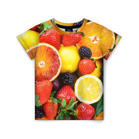 Детская футболка 3D с принтом Ягоды и фрукты в Петрозаводске, 100% гипоаллергенный полиэфир | прямой крой, круглый вырез горловины, длина до линии бедер, чуть спущенное плечо, ткань немного тянется | абрикос | алыча | апельсин | бодрость | веган | виноград | витамины | груша | диета | еда | здоровье | клубника | лайм | лимон | малина | молодость | нектар | овощи | персик | питание | польза | смородина