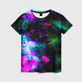 Женская футболка 3D с принтом Цветные волны в Петрозаводске, 100% полиэфир ( синтетическое хлопкоподобное полотно) | прямой крой, круглый вырез горловины, длина до линии бедер | абстракция | иллюзии | краска | текстуры | цветные