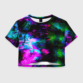 Женская футболка 3D укороченная с принтом Цветные волны в Петрозаводске, 100% полиэстер | круглая горловина, длина футболки до линии талии, рукава с отворотами | абстракция | иллюзии | краска | текстуры | цветные