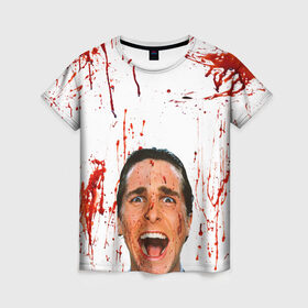Женская футболка 3D с принтом Американский психопат в Петрозаводске, 100% полиэфир ( синтетическое хлопкоподобное полотно) | прямой крой, круглый вырез горловины, длина до линии бедер | кристиан бэйл | псих | психопат | ужасы