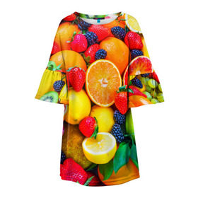 Детское платье 3D с принтом Ягоды и фрукты в Петрозаводске, 100% полиэстер | прямой силуэт, чуть расширенный к низу. Круглая горловина, на рукавах — воланы | апельсин | ежевика | клубника | фрукты | ягода