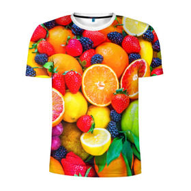 Мужская футболка 3D спортивная с принтом Ягоды и фрукты в Петрозаводске, 100% полиэстер с улучшенными характеристиками | приталенный силуэт, круглая горловина, широкие плечи, сужается к линии бедра | апельсин | ежевика | клубника | фрукты | ягода