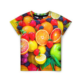 Детская футболка 3D с принтом Ягоды и фрукты в Петрозаводске, 100% гипоаллергенный полиэфир | прямой крой, круглый вырез горловины, длина до линии бедер, чуть спущенное плечо, ткань немного тянется | апельсин | ежевика | клубника | фрукты | ягода